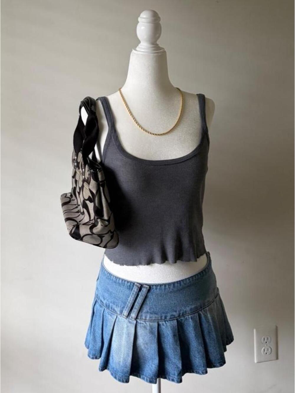 Y2K Charcoal Ribbed Tank Top Soft Grunge Coquette Fitted Cami Basic Crop Tank